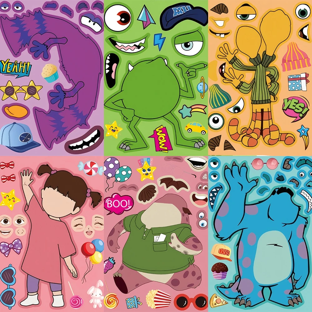 8/16 hojas de pegatinas de rompecabezas de Disney Monsters Inc Disney, calcomanías de rompecabezas para hacer una cara, juguete DIY de dibujos animados divertidos, regalo de fiesta