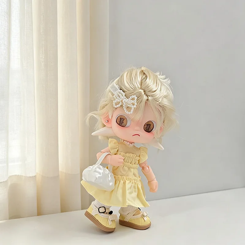5Pcs Doll Outfit Set Lemon Yellow Puff Dress with Pearl Hair Clip Cloud Bag Doll Clothes Fit 1/8 BJD Zsiga Accessories