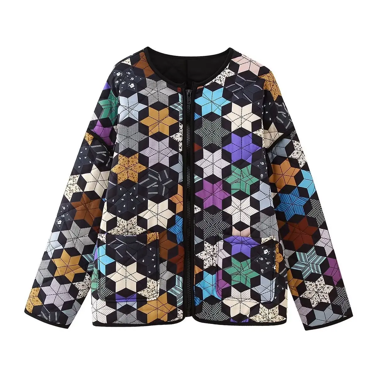 Autumn Winter New Cotton Padded Jacket For Women Fashion O-neck Zipper Long Sleeve Pocket Contrast Color Geometric Print Coat