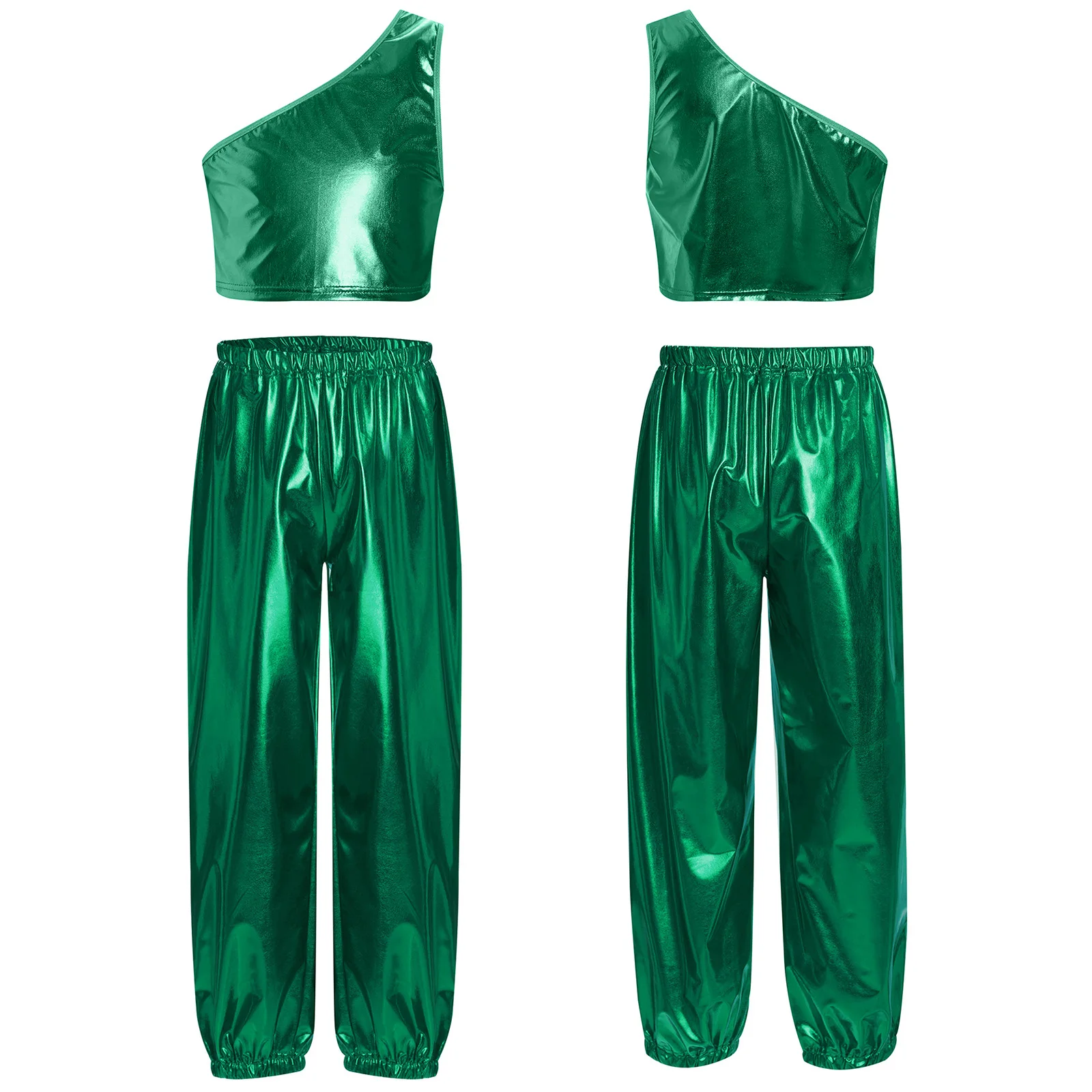 Girls Ballet Dance Costume One Shoulder Sleeveless Metallic Cropped Vest with Shiny Pants Set for Stage Performance Party Show