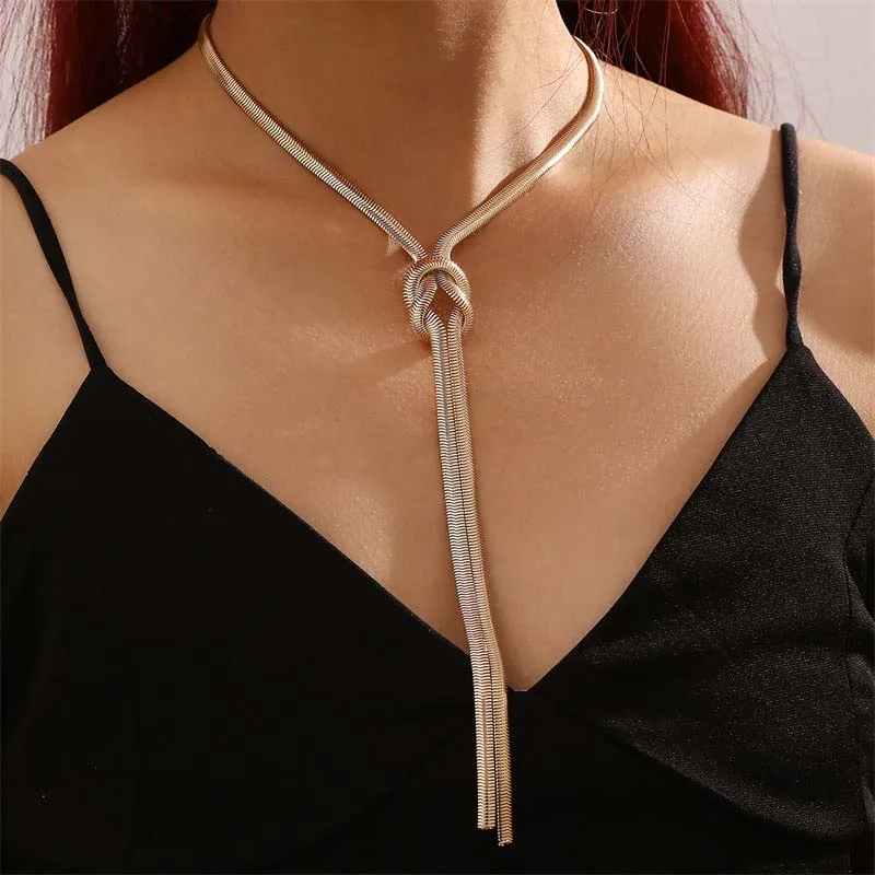 Twisted Tassel Y Snake Bone Necklace Adjustable Flat Snake Chain Gold Silver Women Bikini Chest Jewelry Party Gift