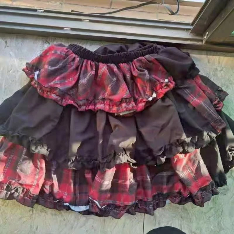 Punk Harajuku Sexy Dark Red Plaid Ruffle High Waist A Line Mini Skirt 2 Piece Set Women Off Shoulder Lace Up Crop Top Daily Wear