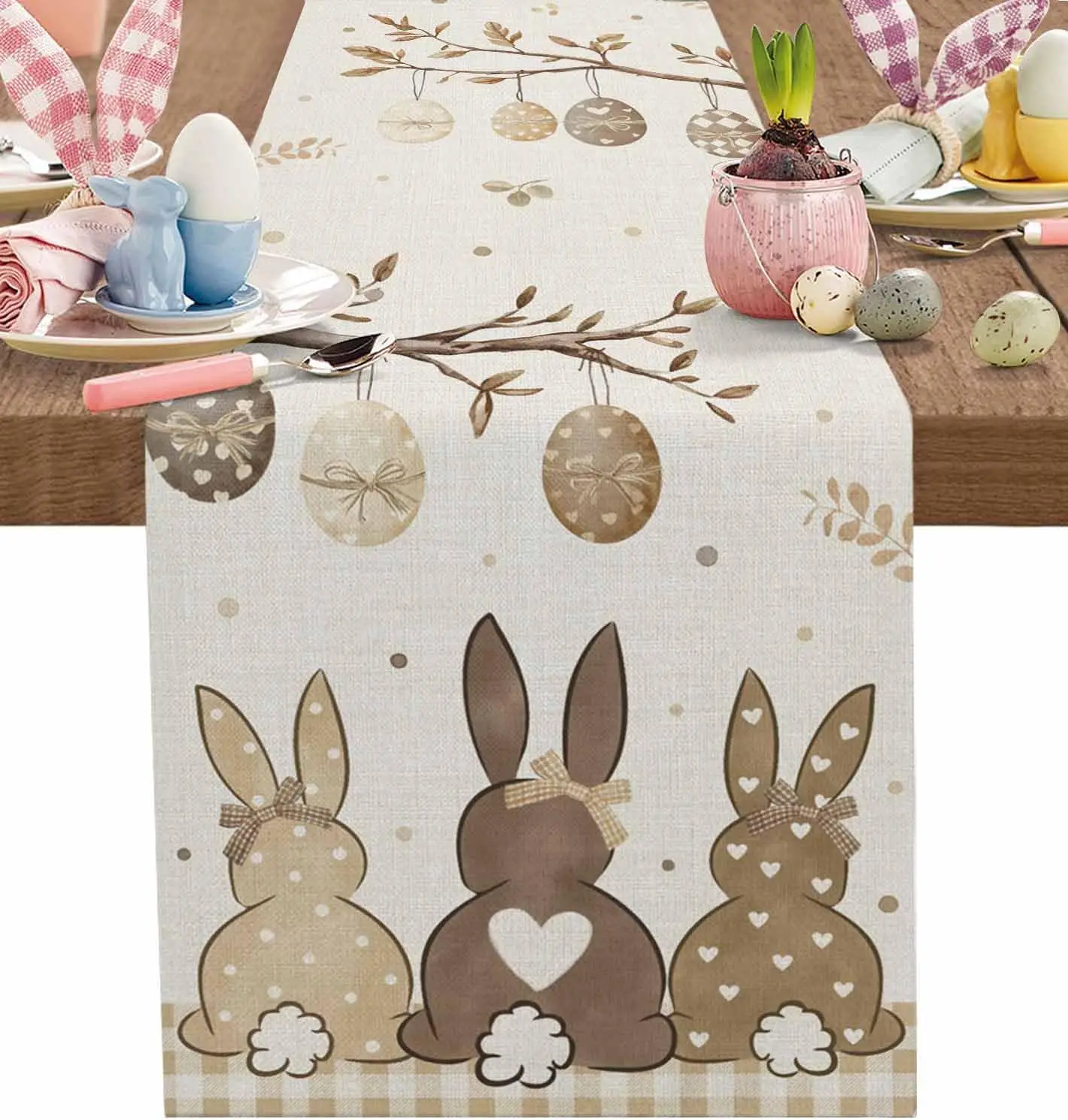 Spring Easter Bunny Eggs Linen Table Runner Holiday Party Decor Washable Farmhouse Kitchen Dining Table Runner Easter Decoration