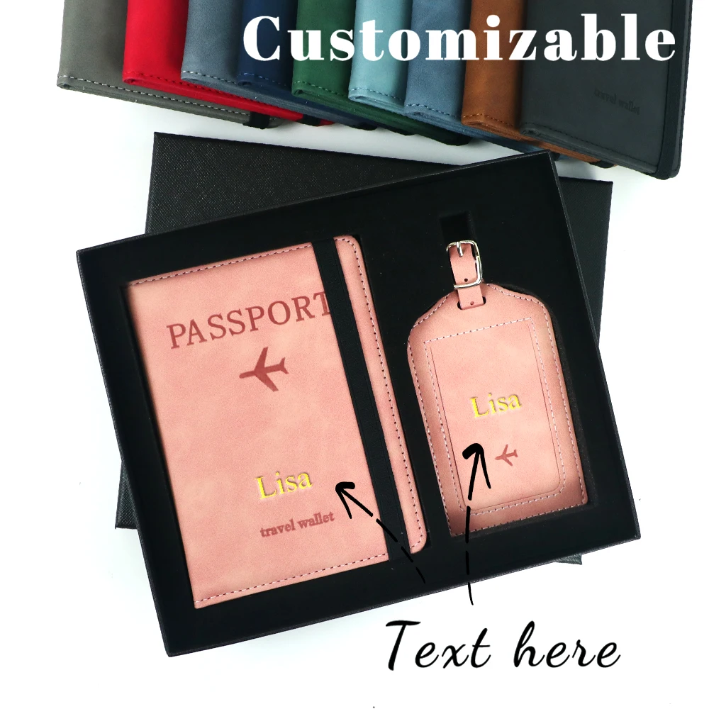 Customized Name PU Leather Passport Case Luggage Tag Gift Set Travel Set Document Storage Card Cover Anti-Loss Tag