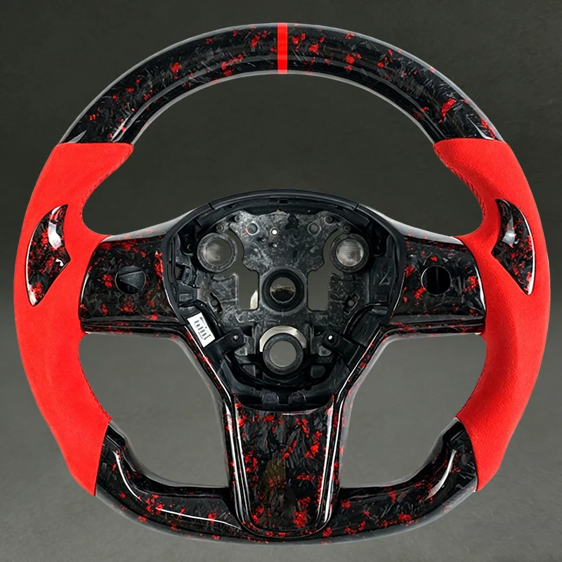 For Tesla Model 3 with Suede Red Forged Carbon Fiber Steering Wheel Sports with Thumb Patch for Tesla Model 3 Model Y New Dedign