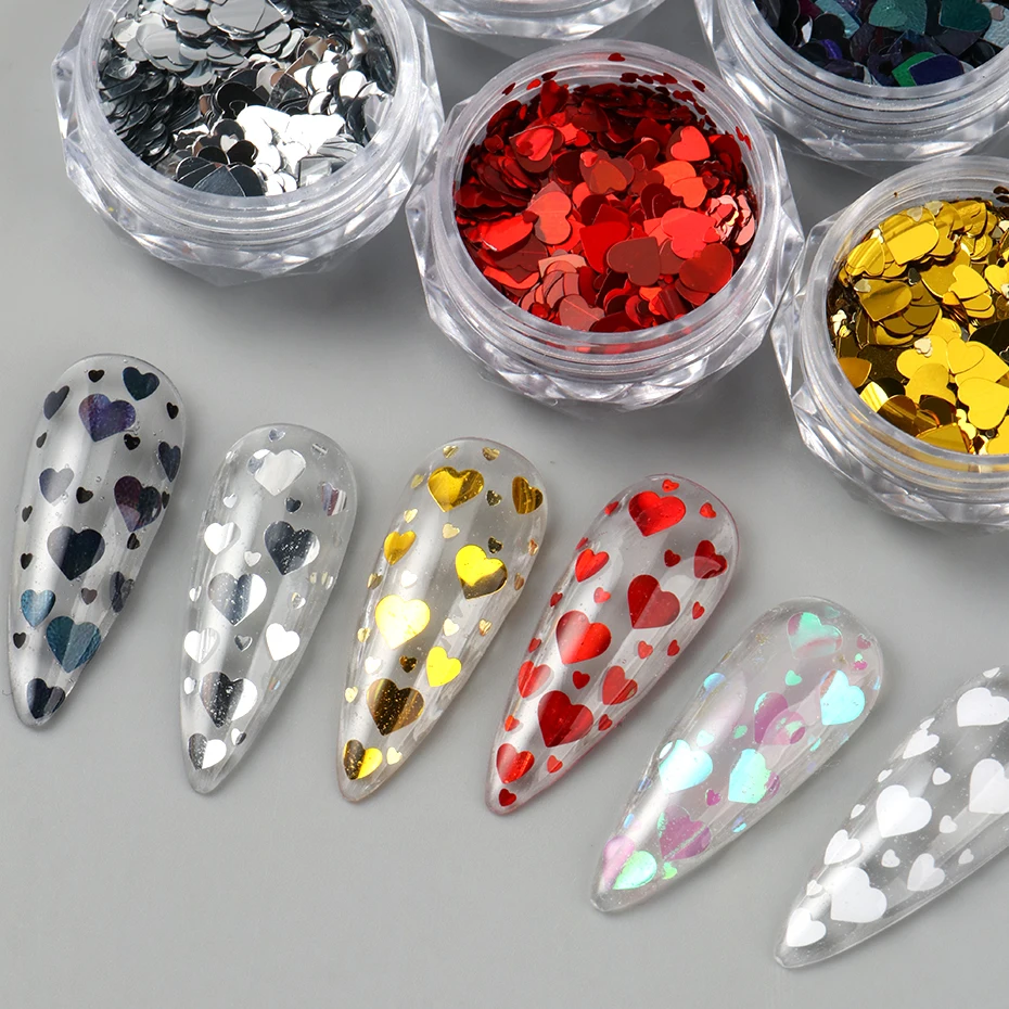 6 pièces amour coeur ongles paillettes flocons paillettes rouge or argent noir blanc holographique coeur saint valentin Nail Art décoration manucure