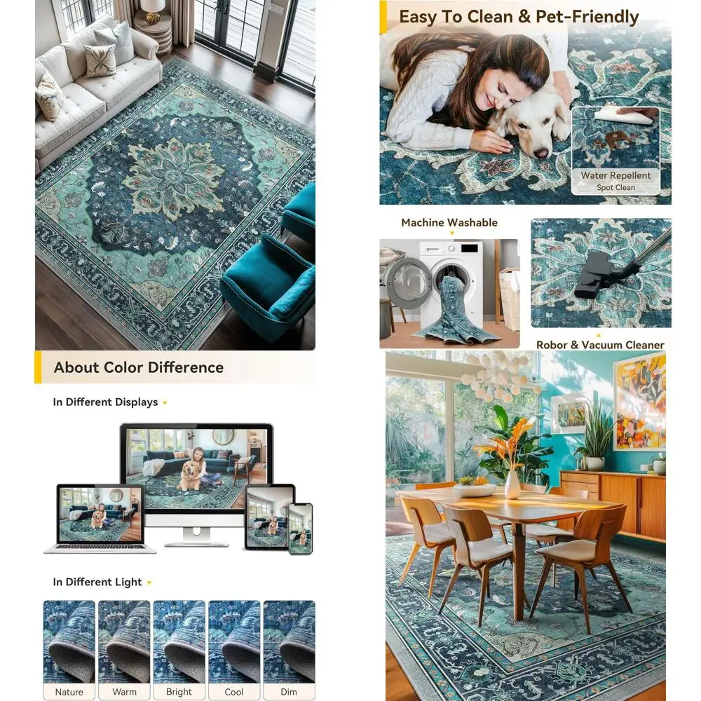 

Моющийся нескользящий винтажный коврик для медальона с цветочным принтом 6x9 футов бирюзового, зеленого и бирюзового цвета для гостиных