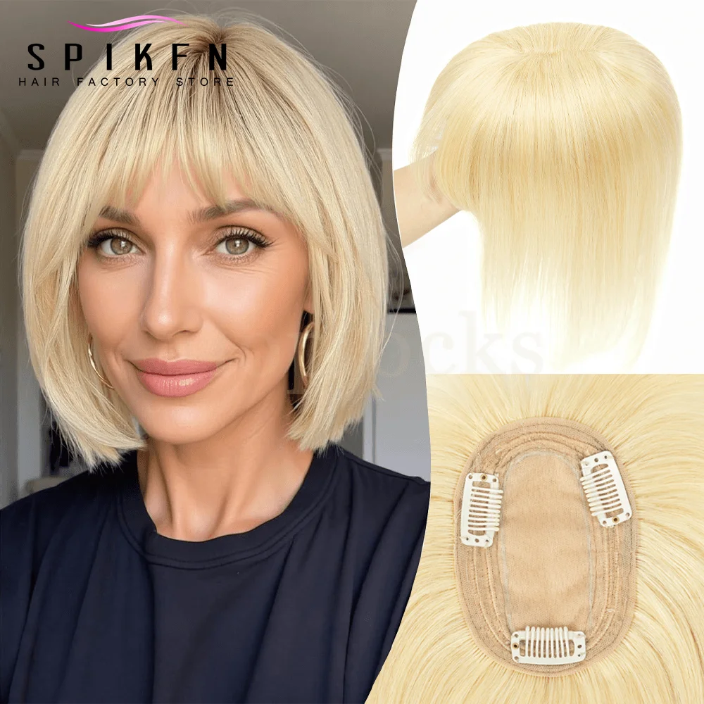 SPIKFN Topper Hair Piece with Bangs Real Hair Extensions Add Volume 8