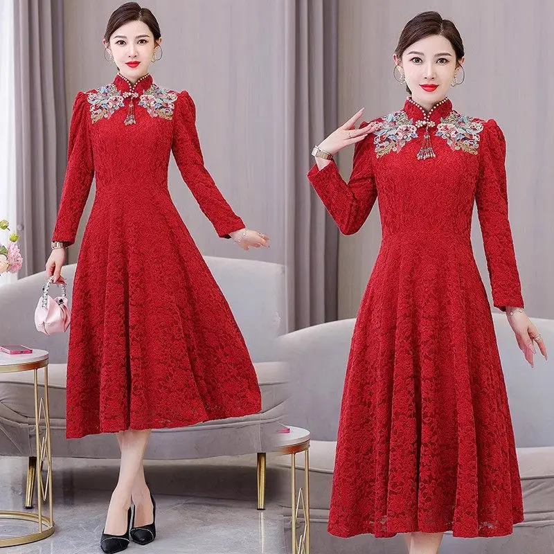 

Chinese Style Qipao Wedding Dress For Women 2023 Autumn Winter Improved Lace Dress Elegant Stand Collar Embroidery Qipao Z3299