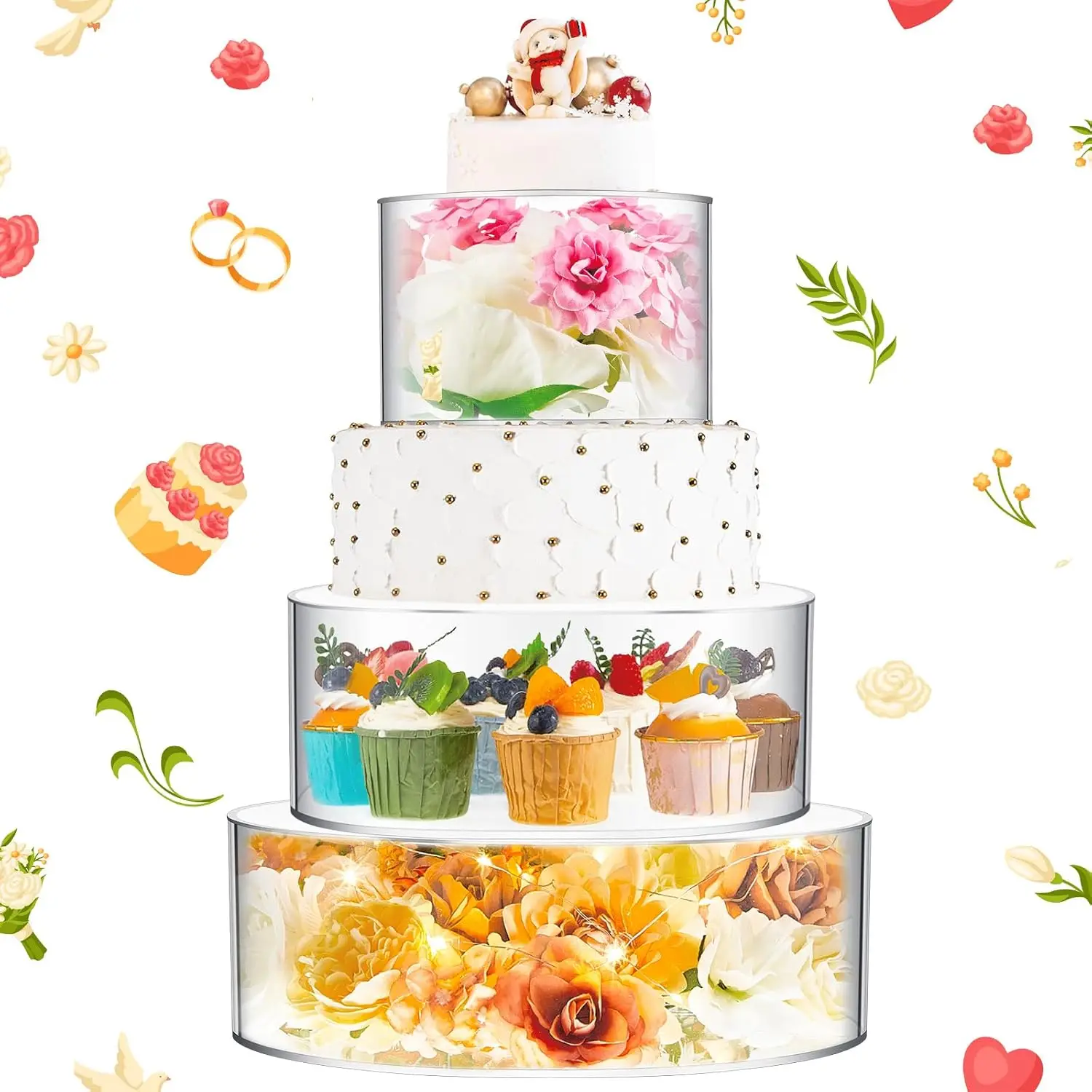 Clear Acrylic Cake Stand Set with LED Lights, 3 Pcs Round Fillable Cake Riser Case Boxes, 10