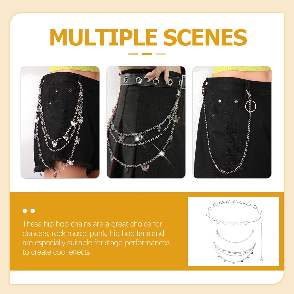 3Pcs Love Heart Butterflies Pants Chain Punk Hip Hop Waist Chain Fashion Jeans Chains Casual Party Accessory Chains for Pants