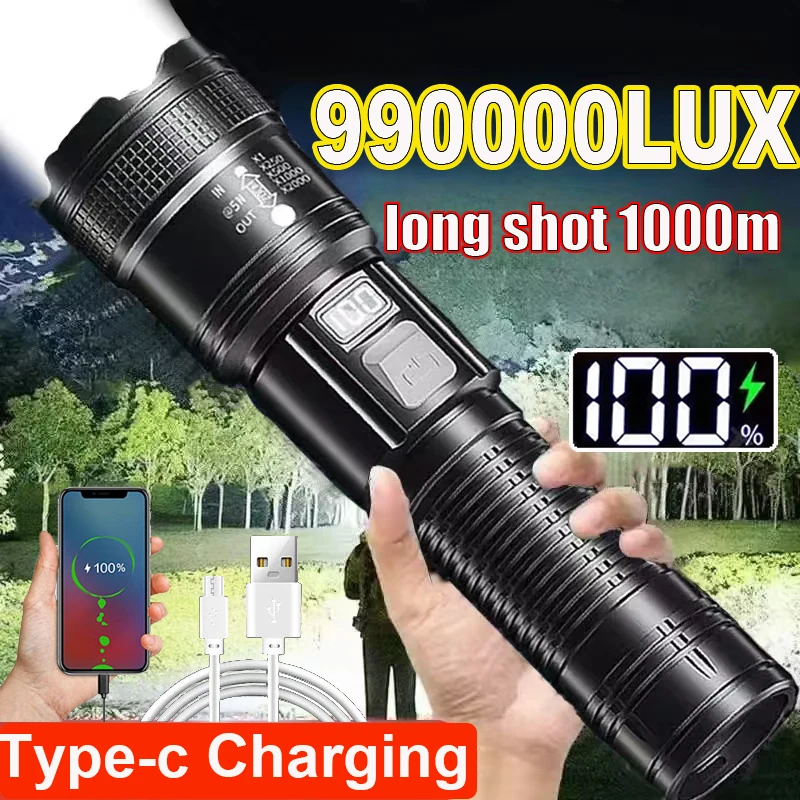 High Power Led Flashlight USB Rechargeable Strong Torch Light Telescopic Zoom Tactical Flashlights Built-in Battery for Camping