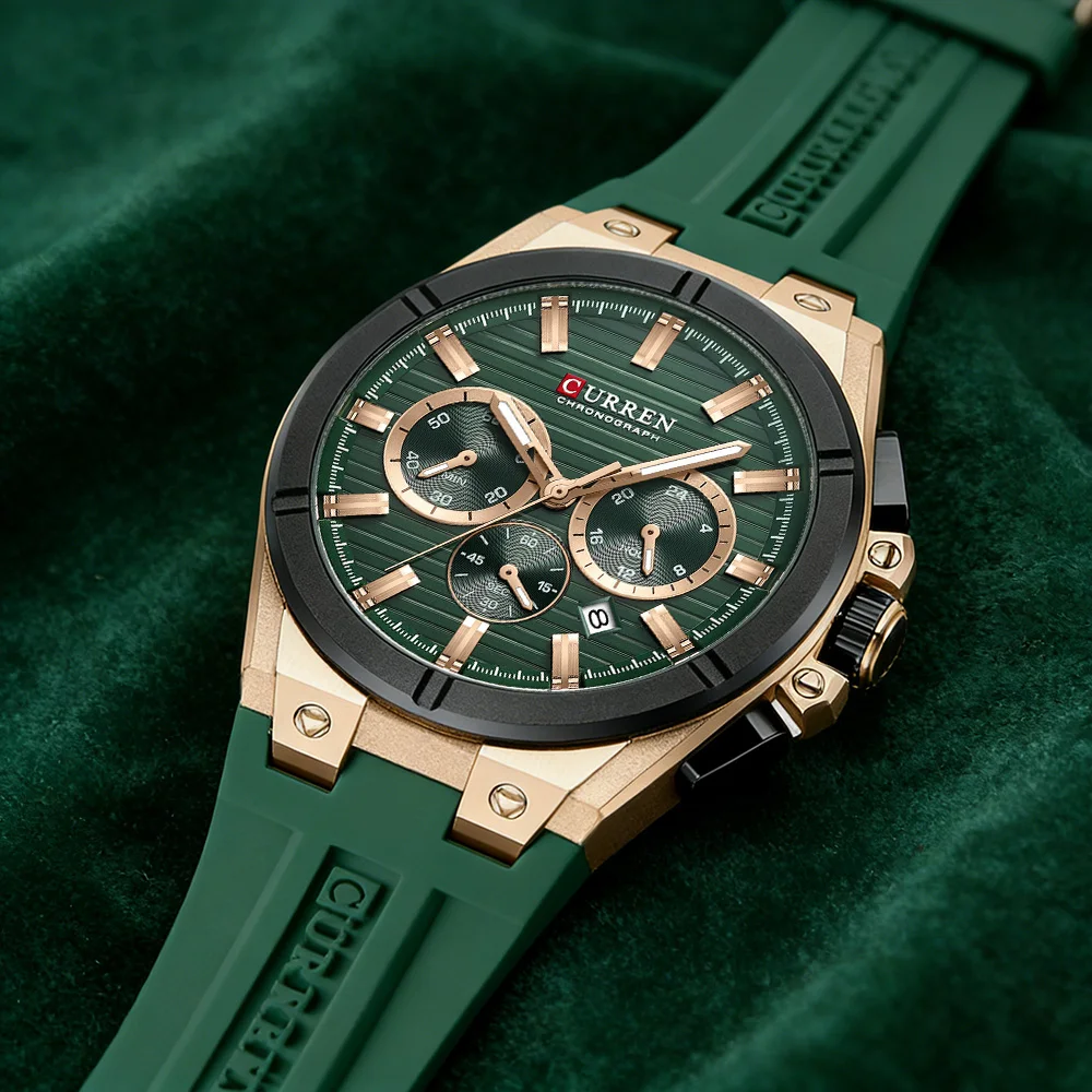 CURREN Men's Luxury Chronograph Watch with 44mm Case ,Fashion Quartz Wristwatch Casual Sports Silicone Strap with Auto Date
