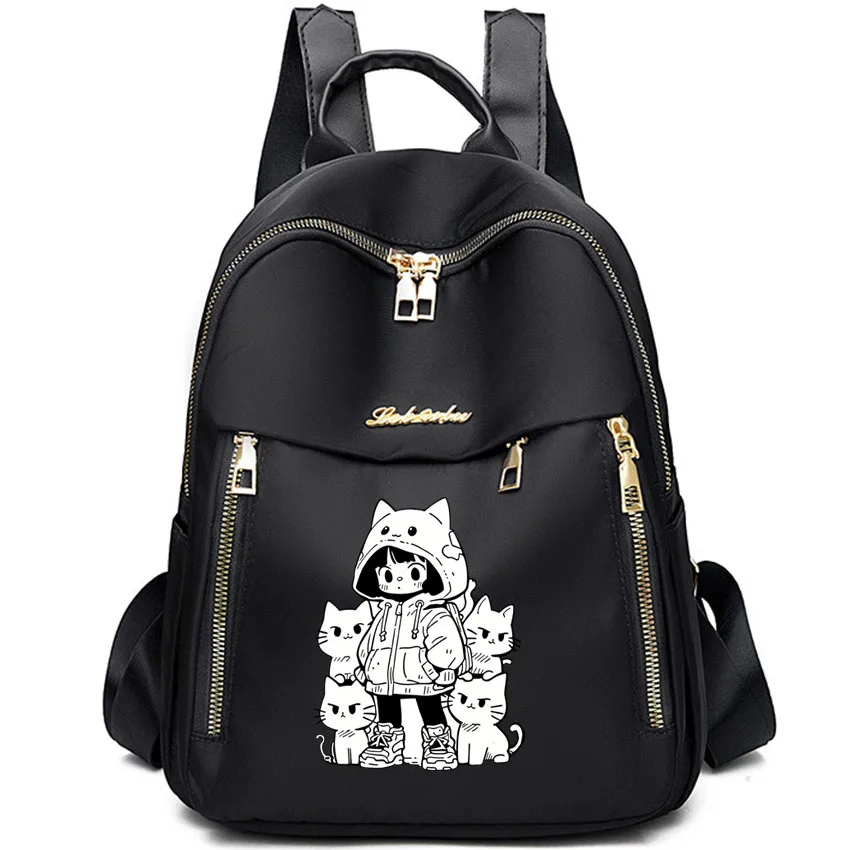 

Женский рюкзак для путешествий, повседневный, водонепроницаемый, из ткани Оксфорд, на плечо, с принтом милой девушки и кота, школьный ранец для девочек