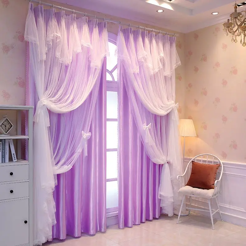 Double Layer Curtain Purple Sheer Curtain with Tulle Valance & Ribbon Ties, Elegant Bedroom Window Drapes for Girls Room