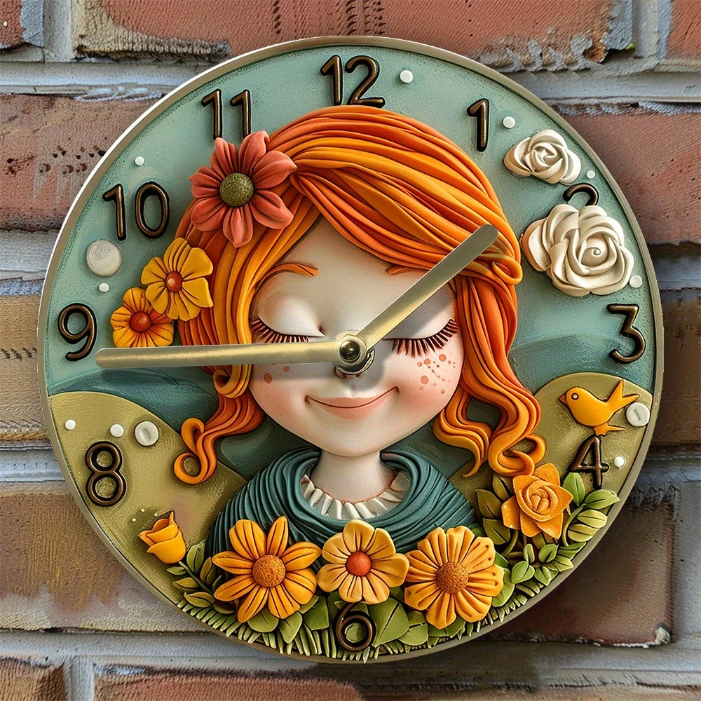 Hippie Girl Themed DIY Wall Clock Kit,Clock with High-Definition 2D Floral Print,Ideal for Spring Dorm Décor and Christmas Gifts