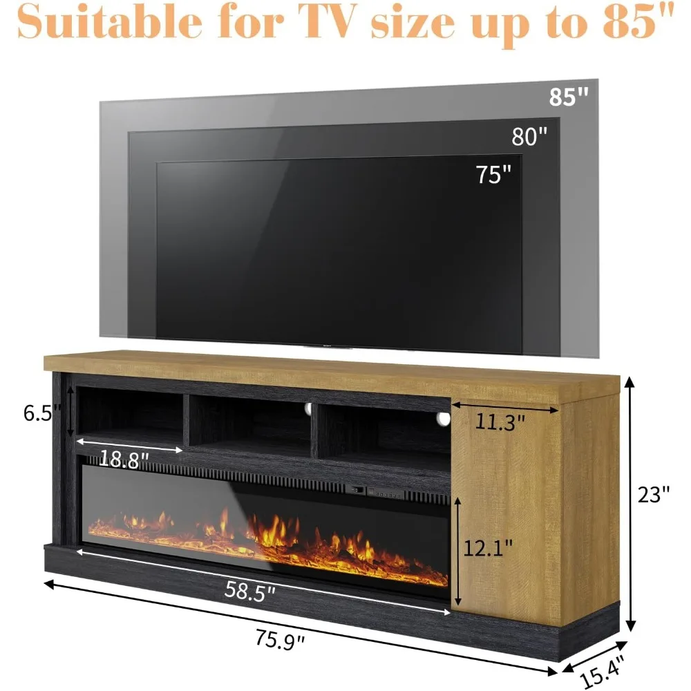 75” Fireplace TV Stand with 60” Electric Fireplace, Chunky Entertainment Center with Wood Grain, Color Clash Entertainment Stand