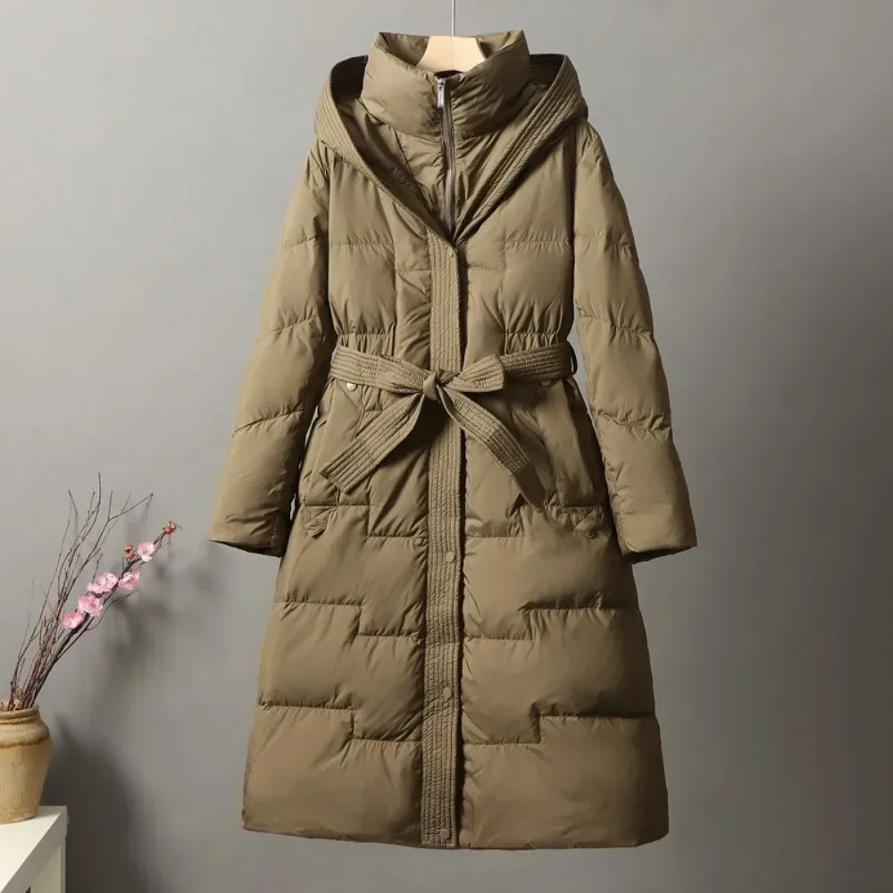 2024 New Winter Women White Duck Down Long Jacket With Belt Female Thick Warm Coat Luxury Slim Parka Hooded Outerwear