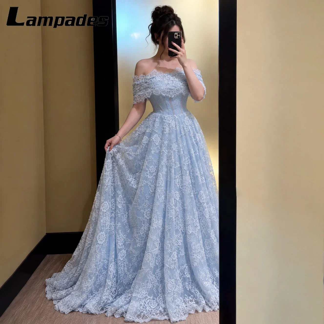 Custom Elegant Fashion Off Shoulder Light Blue Lace Prom Dress Corset Bodice A Line Wedding Evening Gown Formal Party Dress