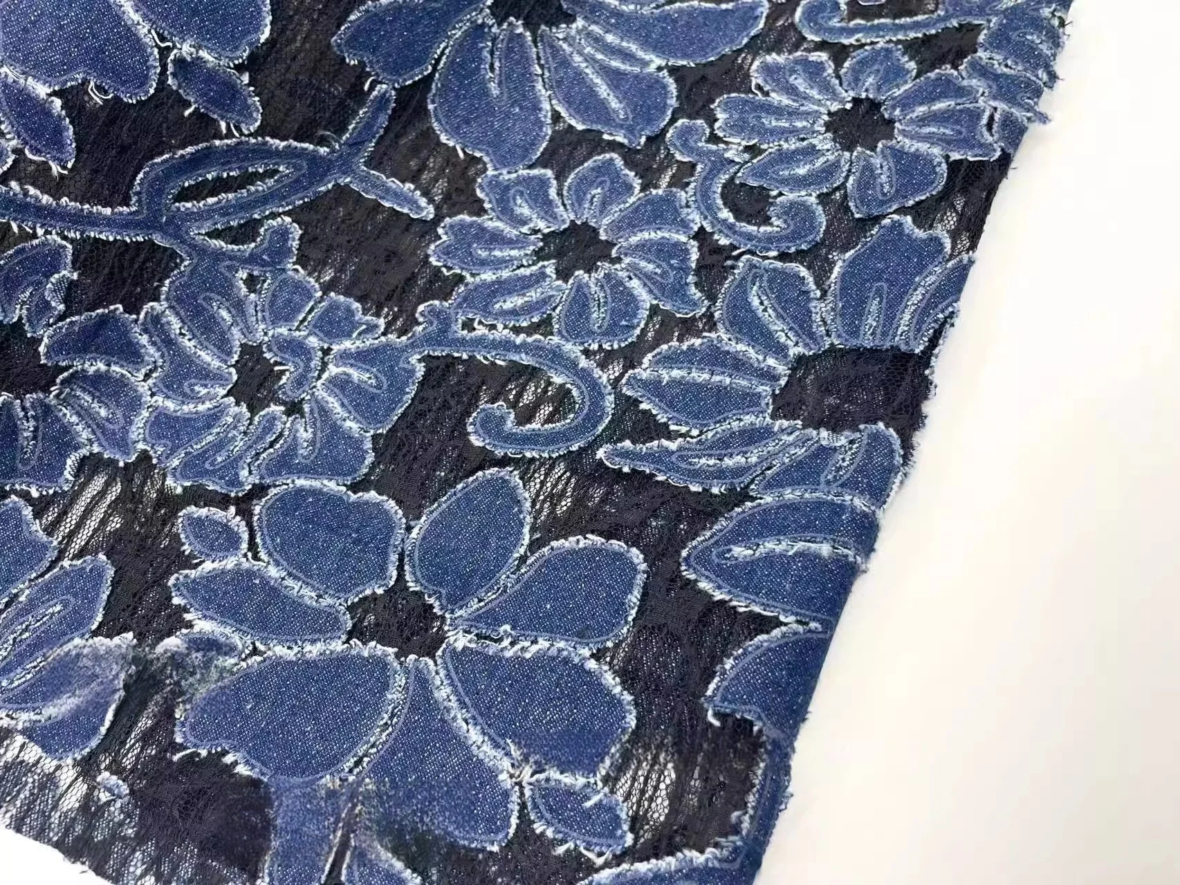 Elegant heavy burn flower petal denim embroidery lace fabric DIY fashion clothing fabric accessories X1049
