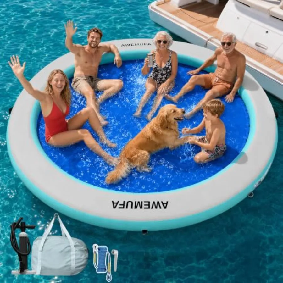 Water hammock for pool and lake use, PVC material, blue color, extra-thick 6/8 inches inflatable round float ring with breathab