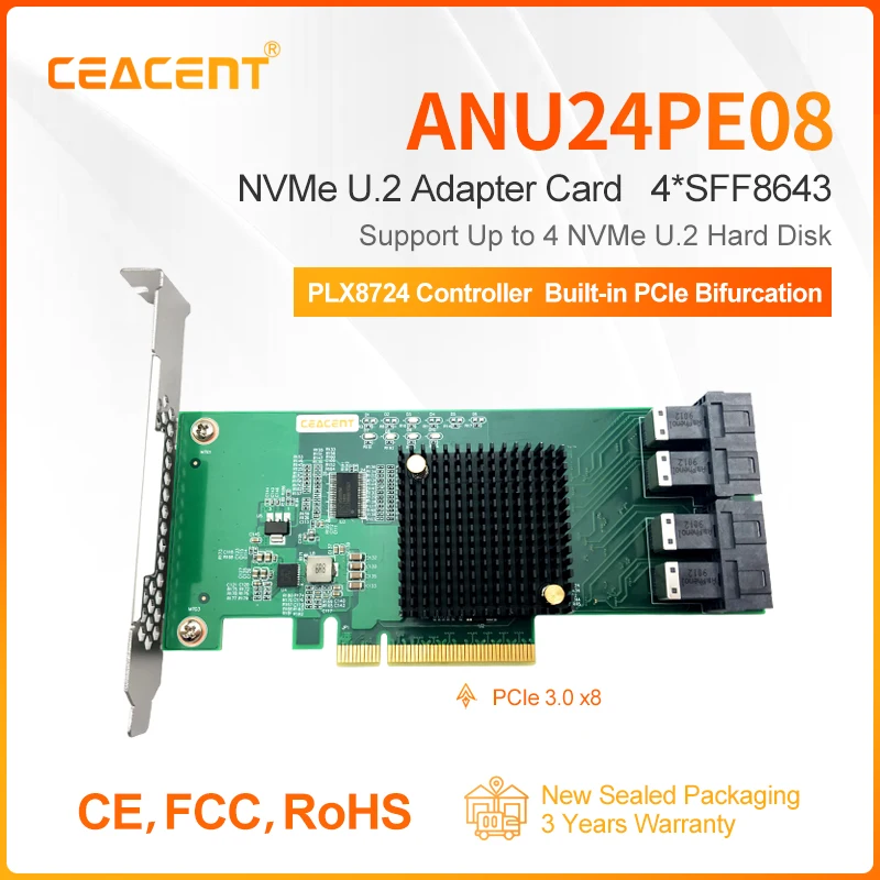 CEACENT ANU24PE08 NVMe U.2 Controller, PCIe 3.0 x8 4-Port SFF8643 to SFF8639, PLX8748 Chip, No Need Motherboard PCIe bifurcation