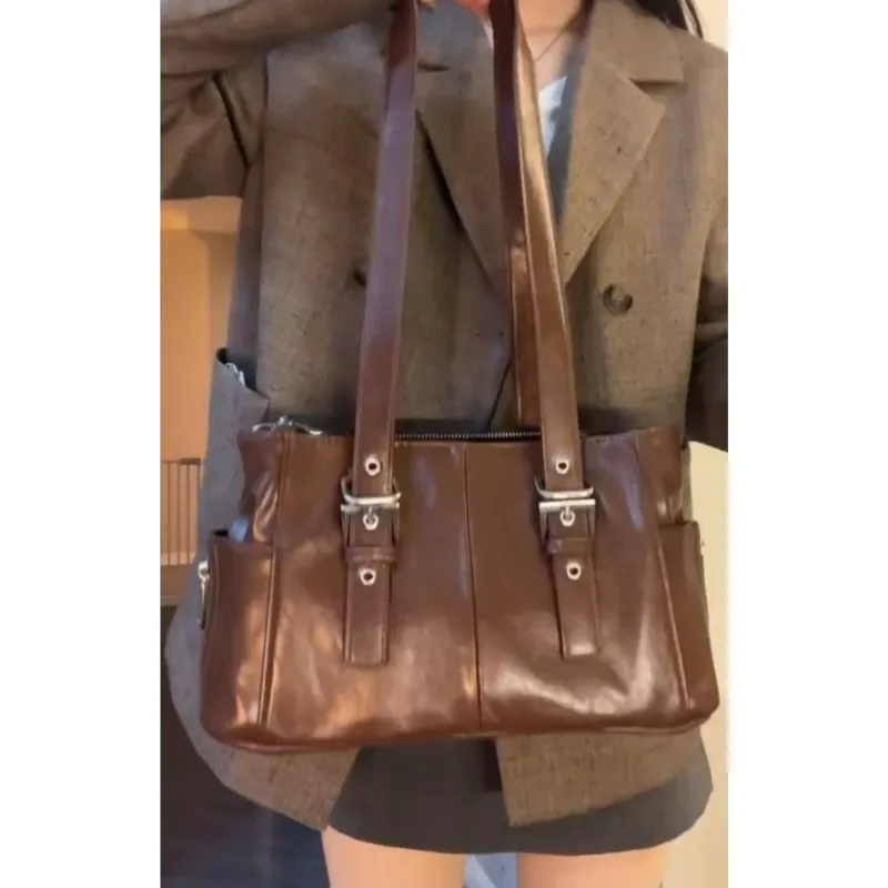 JIAERDI Vintage Braun Schulter Tasche Frauen Retro Heißer Mädchen Pu Leder Große Kapazität Tote Tasche Weibliche Harajuku Ästhetische Handtasche