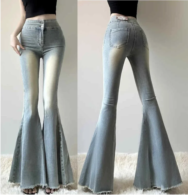 Fish Tail Jeans, Women's High Waisted Boot Cut , Retro Elastic Flared Pants Wide Leg Floor Trousers