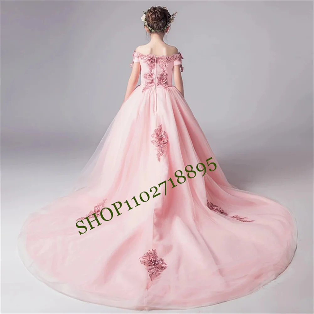 

Flower Girl Dresses Pink Puffy Beading Appliques Off Shoulder With Trailing For Wedding Party Birthday Banquet Princess Gowns