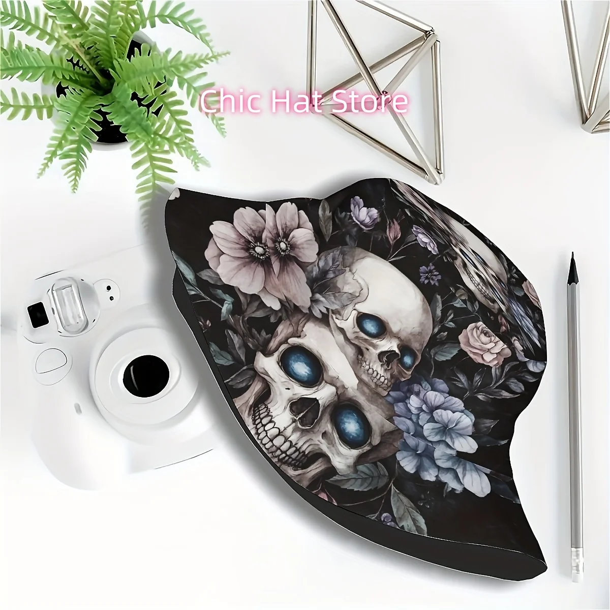 ()1pcs Happy Halloween, Featuring Terrifying Skeletons and Floral Green Leaf Patterns (2) Printed Fisherman Hat Suitable for Bot