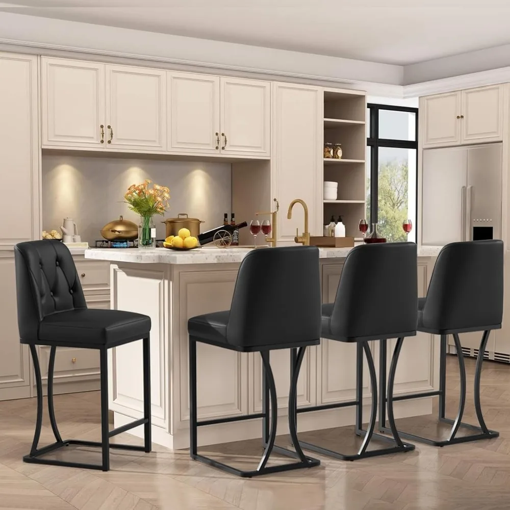 Black Counter Height Bar Stools Counter Stools Pu Leather Modern Bar Chairs with Back for Kitchen Island