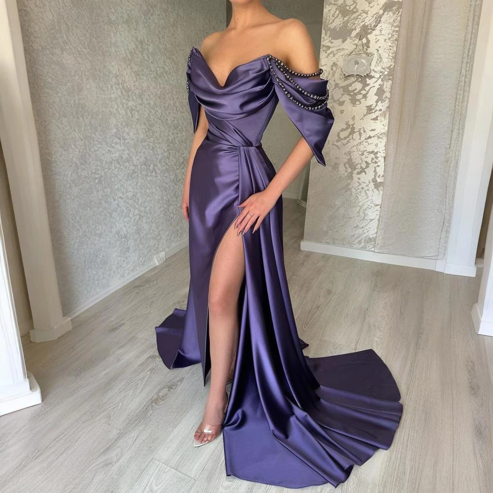 

Luxury Grape Mermaid Prom Dresses 2025 Satin Pearls Long Evening Dresses Court Train Formal Party Gowns vestido de noche