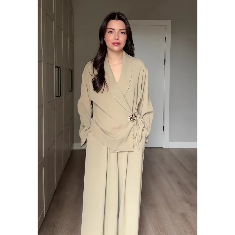Muslim Two Piece Set Women V Neck Shirt Solid Blouse Wide Leg Pants Suit Dubai Arabic Outfits Morocco Islam Ensemble 2026