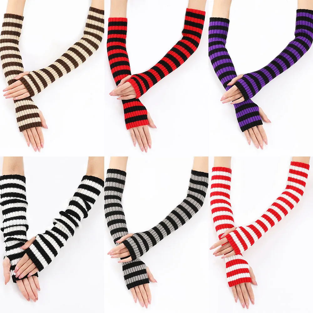 Autumn and Winter New Knitted Long Gloves for Women Half Finger Warm Pile Sleeve Cover Classic Striped Fingerless Elbow Gloves