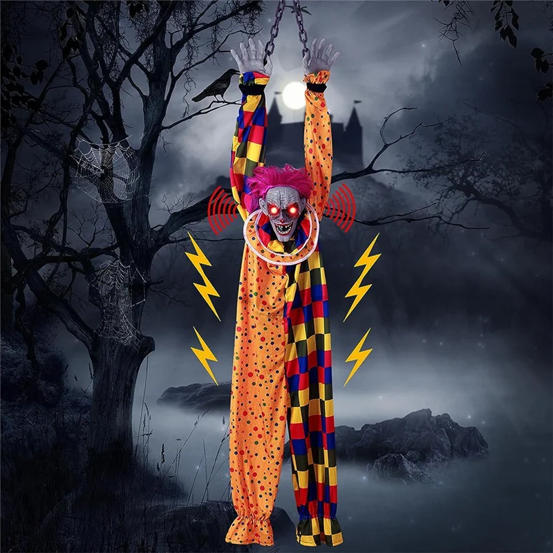 5.6 Ft Halloween Hangende Geanimeerde Pratende En Schuddende Enge Clown Met Ketting, Aanraking Geactiveerd Voor Halloween-Decor