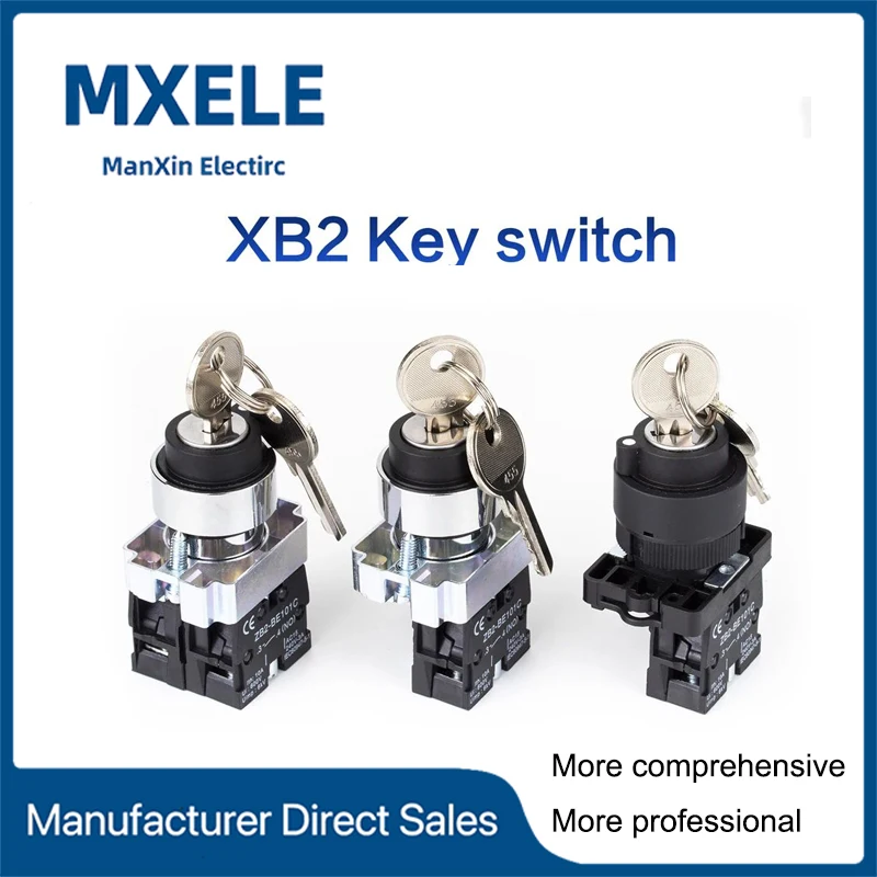 Manxin Rotary Switch Key switch  XB2 Panel Mounted Key Rotary Start Locking or Self reset Pushbutton Switch 2Positions/3Position