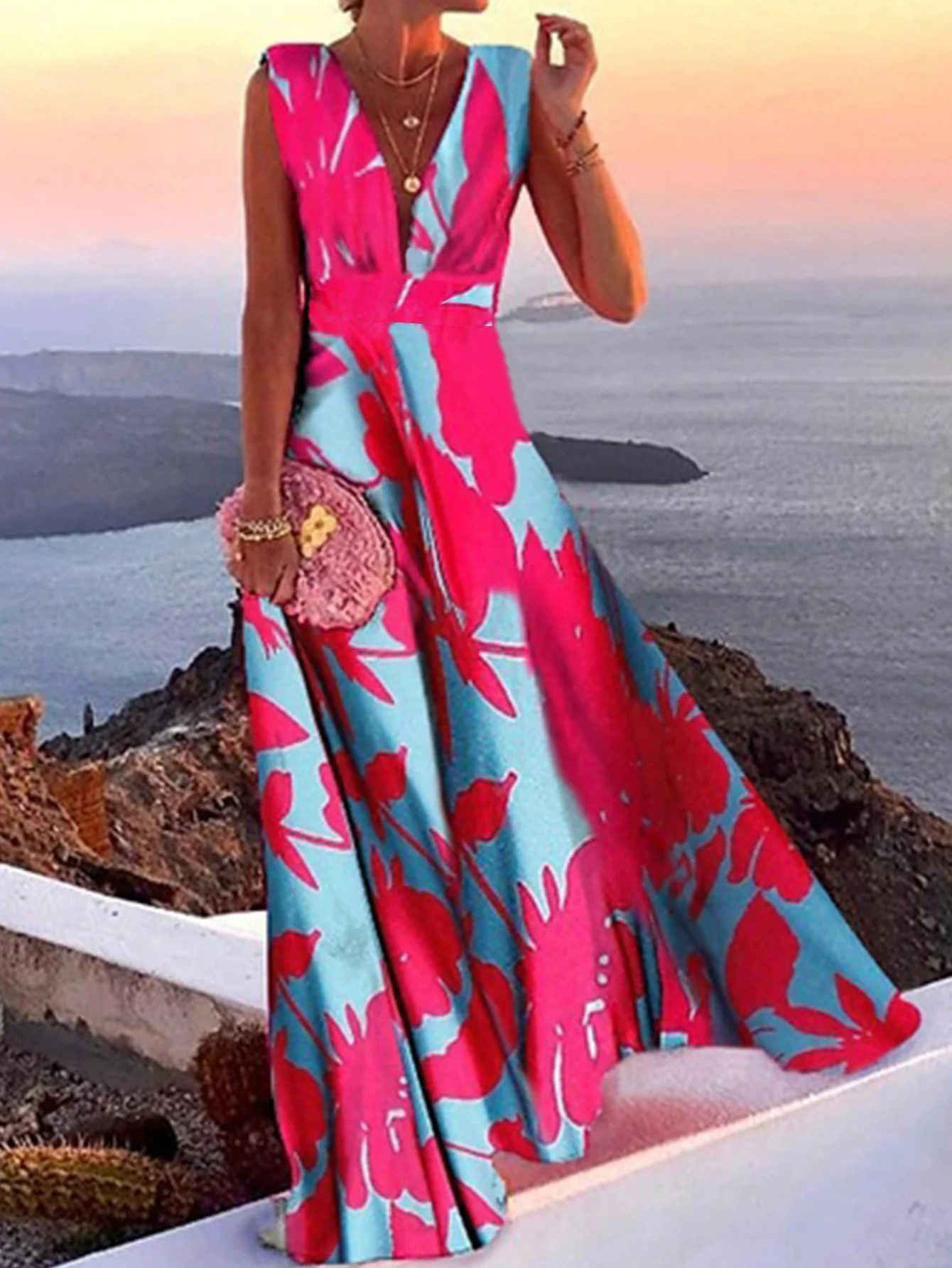 Sleeveless deep V-neck fashionable flower print skirt swing skirt new elegant temperament vacation style long dress dress