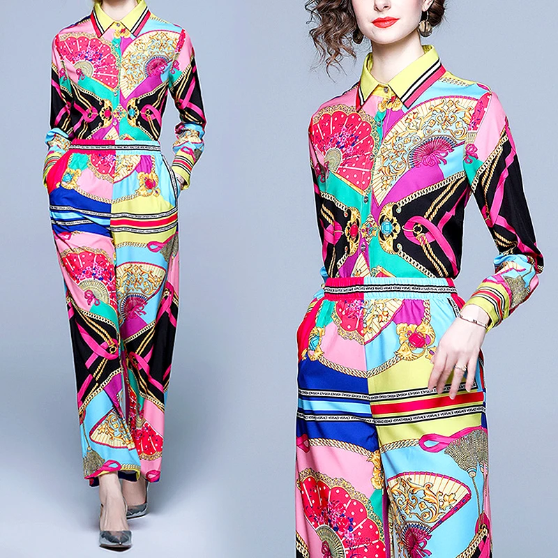 

Long Sleeve Printed Shirt and Wide-Legged Pants for Women, Runway Designer, Autumn Clothes, Trouser Suits, New, SL432