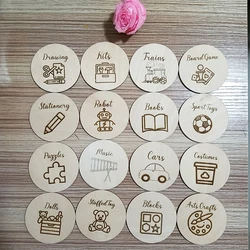 Wooden Storage Tags for Nursery Decor, Storage Labels with Illustrations, Playroom Toy Signs, Rounds Bundle,Toy Box Signs Custom