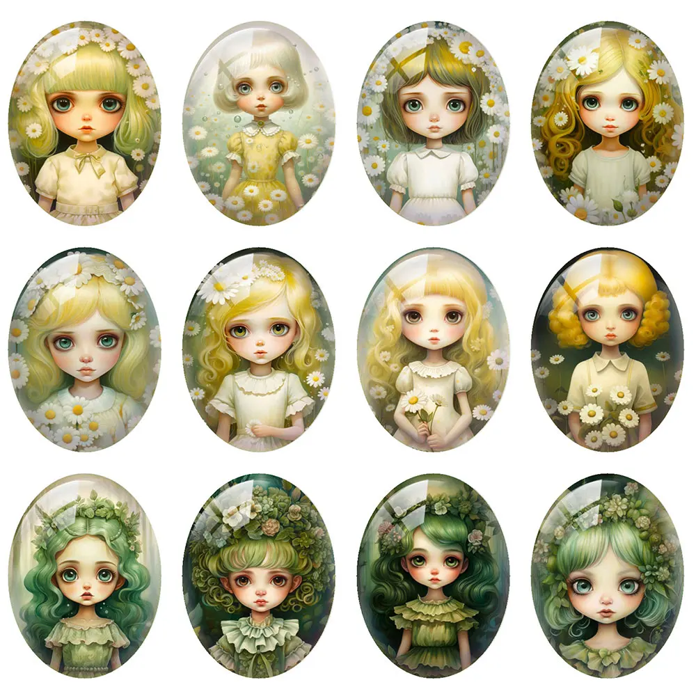 

10pcs/lot Green Spring Flower Girl Oval Photo Glass Cabochon Flatback Demo Flat Back Cameo For Diy Jewelry Making Supplies