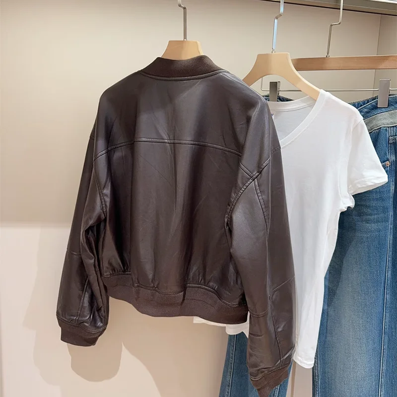 Sli ort American Retro Leather Jaet Mantel Kerah Ritsleting Wanita Merek Wimigirls Longgar Fit Lengan Panjang Pakaian Luar Musim Semi