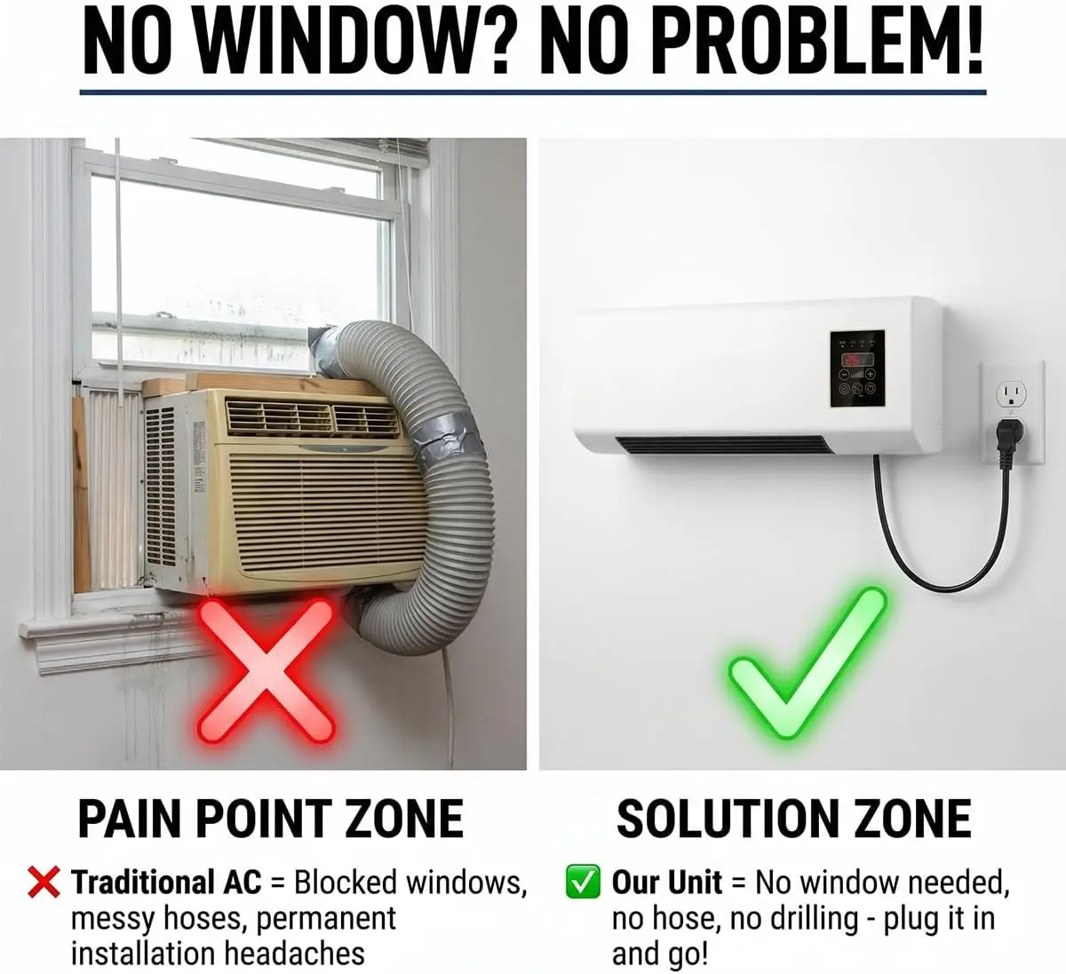Wall Mounted Air Conditioner and Heater Combo, 1800W Ductless Portable AC Fan Unit, No Window Needed, 2-in-1 PTC Fast Heating & Natural Airflow for Bedroom, Garage, RV, Camper