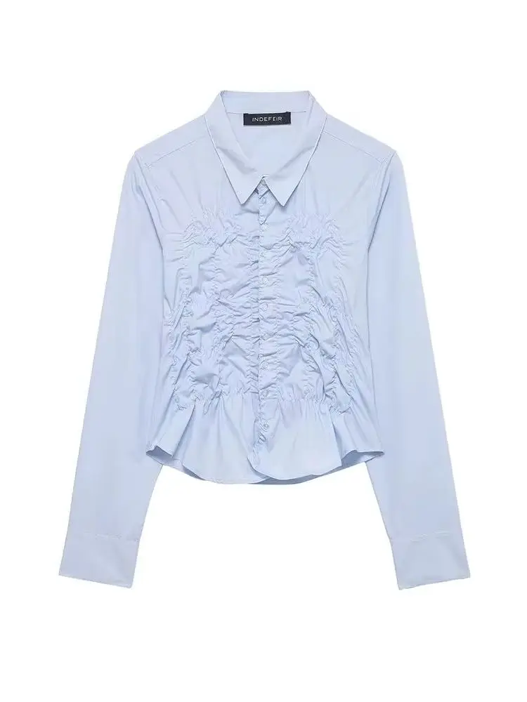 

HH Women Spring Fashion Fold Decoration Single-breasted Waist Blouse Female Turn-down Collar Long Sleeve Solid Short Shirt