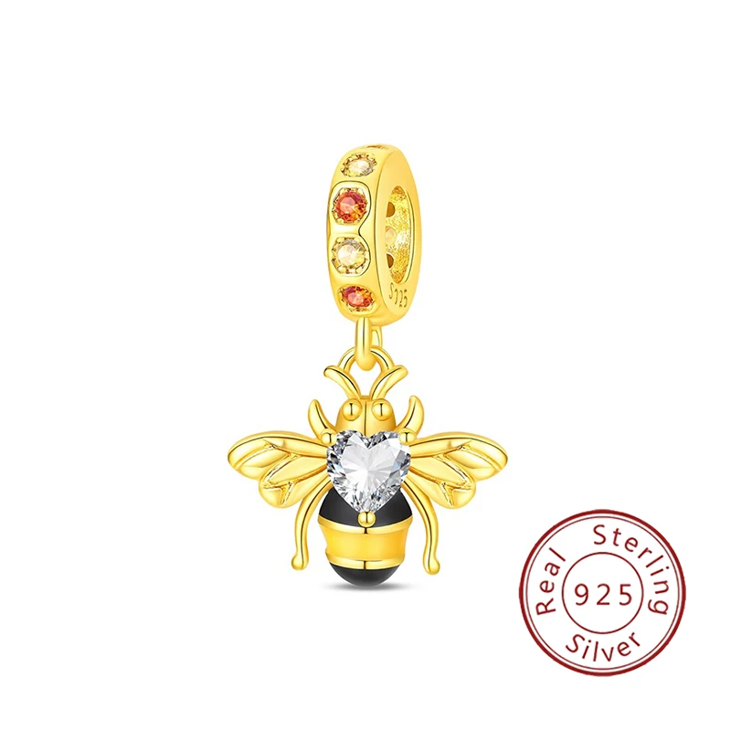 New 925 sterling silver colored zirconium gold bee pendant beads, suitable as an original women's bracelet to wear as a gift or