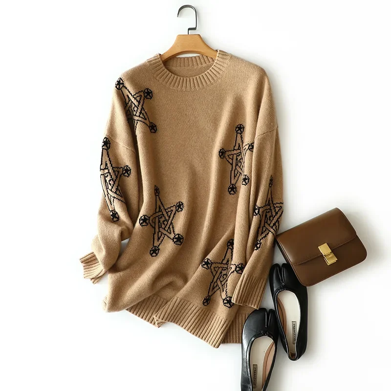 winter new star jacquard 100% cashmere sweater dresses long sleeve womens thick fashion warm jumper tops