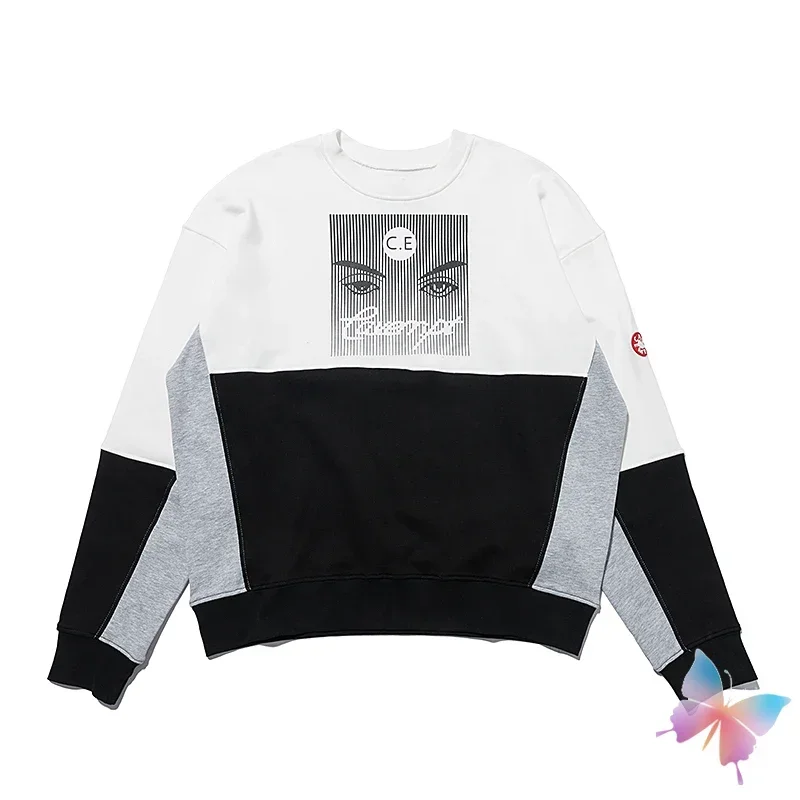 Harajuku CAVEMPT Sweatshirts Abstract Face Eye Print Stripe Splicing Oversized Sweatshirt Men Women Street Loose CE Pullover