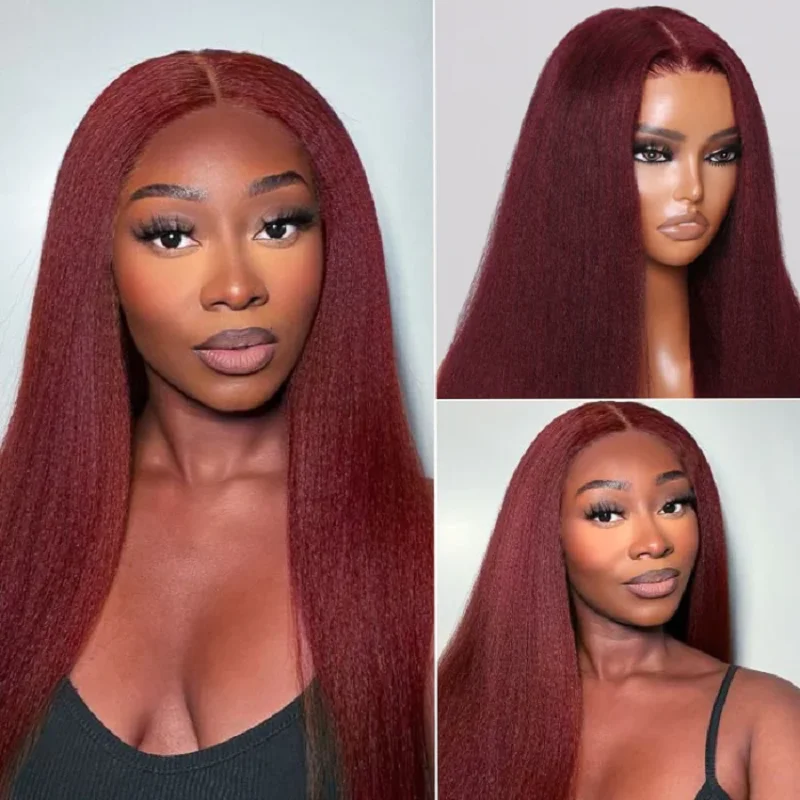 

Soft Long Yaki 26'' Burgundy Kinky Straight 180Density Lace Front Wig For Black Women Babyhair Preplucked Heat Resistant Daily