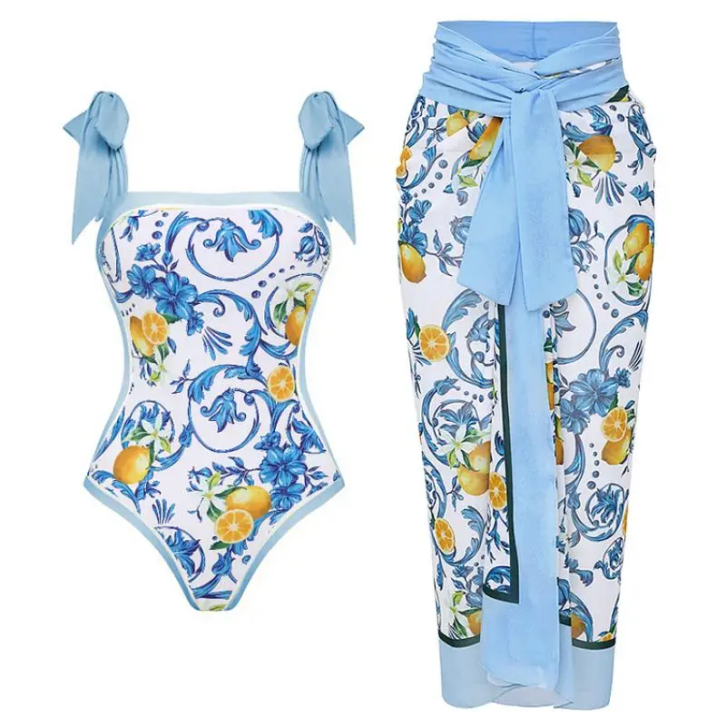 Flaxmaker 2025 มะนาวพิมพ์ Tie-ไหล่ One Piece ชุดว่ายน้ําและ Sarong หรือกระโปรงฤดูร้อน Vintage Party ชุดว่ายน้ําชุด femme