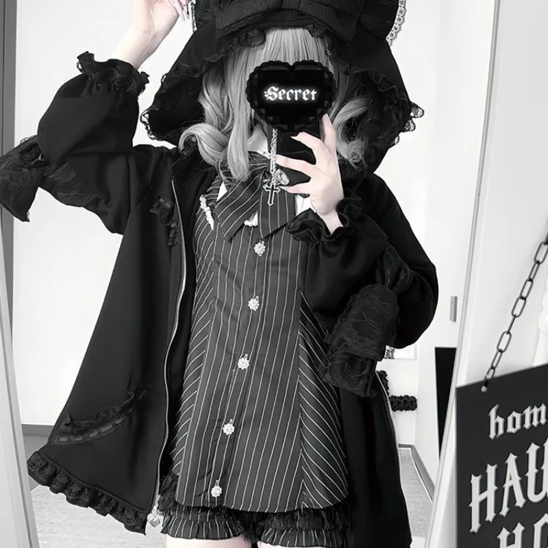 Subculture Gothic Lolita Hoodies Women Harajuku Y2k Lace Bow Cat Ear Hooded Coats Grunge Loose ​Long Sleeves Zipper Sweatshirt view 2