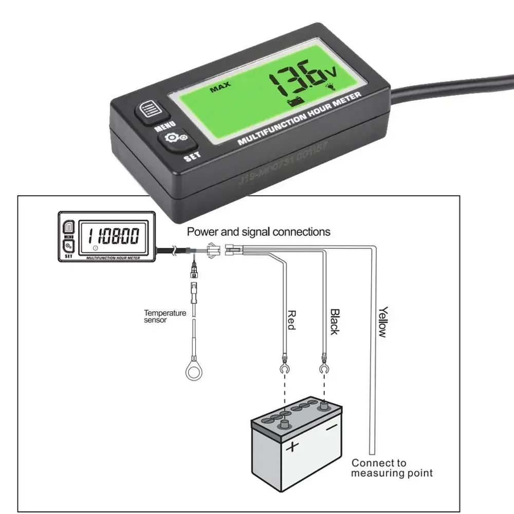 Inductive Temperature Meter Thermometer Tachometer with Max RPM Recall for UTV Motorcycle ATV Marine Boat - Hour Meter